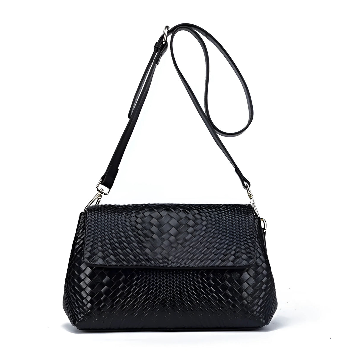Genuine leather woven crossbody bag black first layer cowhide embossed finish horizontal square shape single shoulder strap