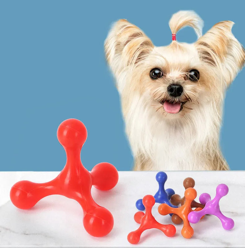 Blue silicone three-legged puppy chew toy for teething relief and dental cleaning