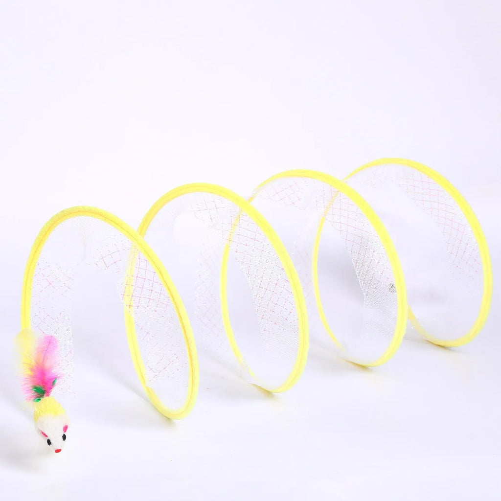 S-type collapsible cat tunnel toy with steel frame, elastic net, and feather attachments