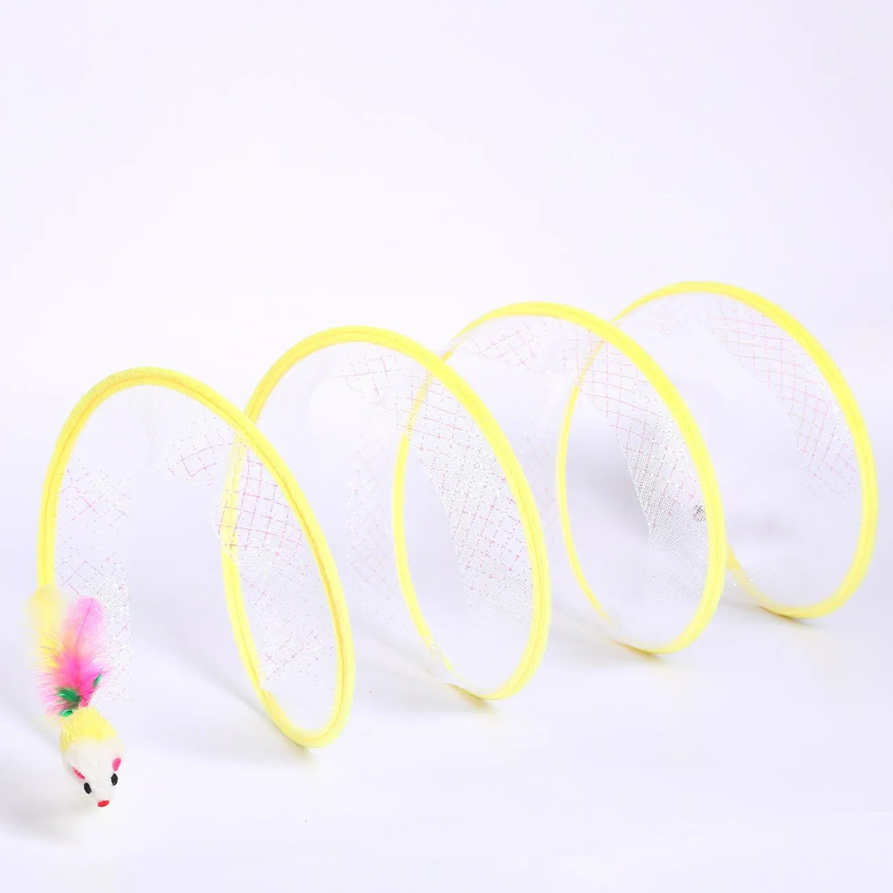 S-type collapsible cat tunnel toy with steel frame, elastic net, and feather attachments