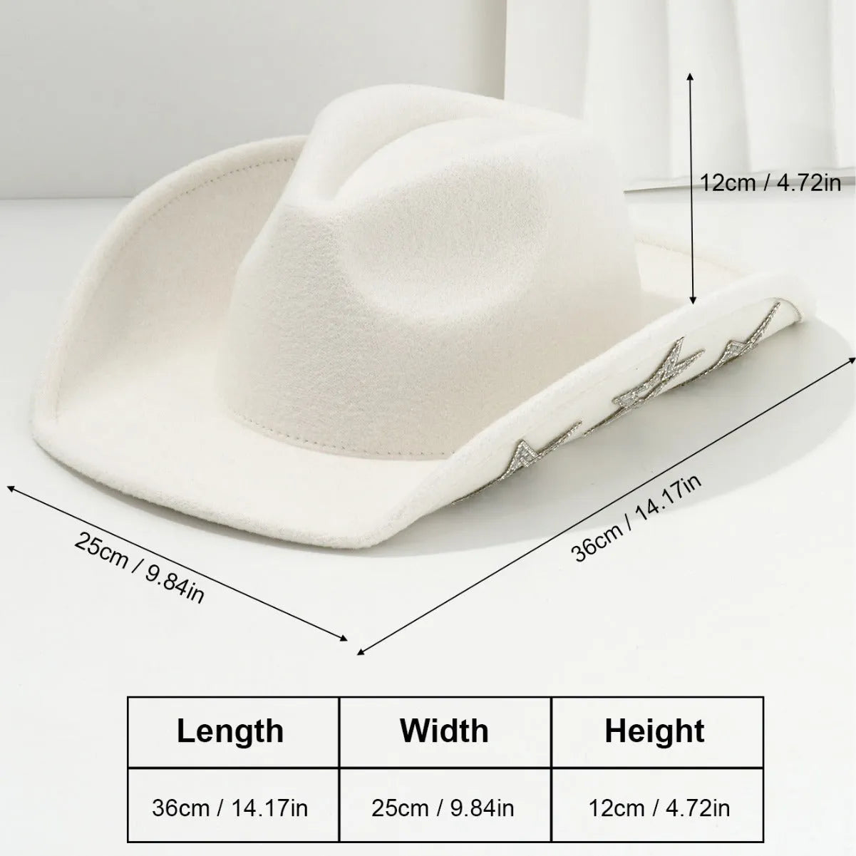 Beige woolen felt Western top hat with a conical crown and a decorative hexagonal star on the front.