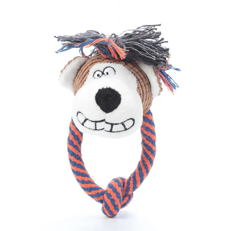 Dog cotton rope toy with sound feature in plush material, styled as a dog, elephant, or monkey