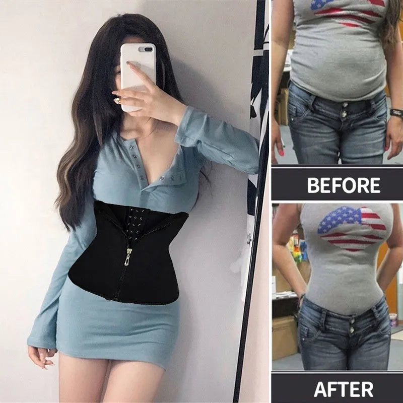Neoprene breasted belly band for body shaping in black, blue, purple, and red colours.