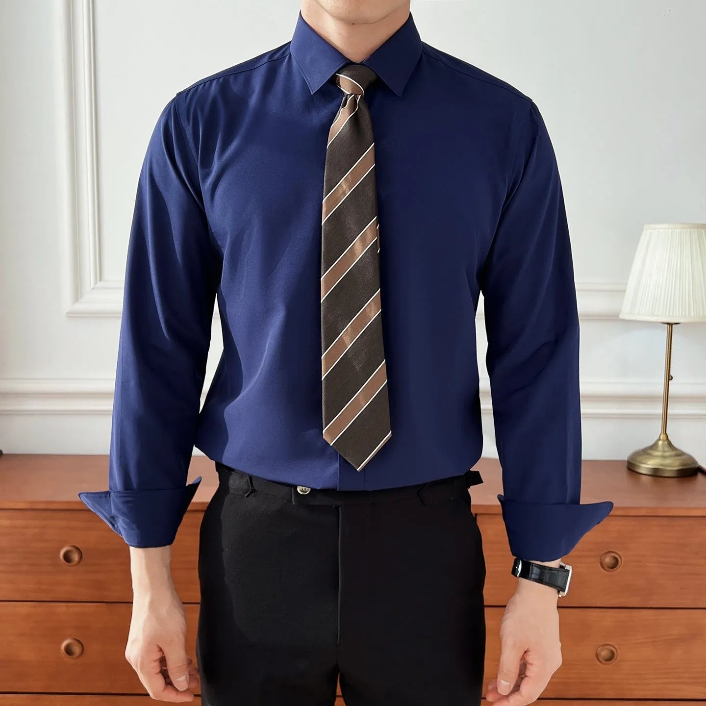 Seven-colour men's long-sleeved business shirt in polyester slim fit cardigan style for office commute