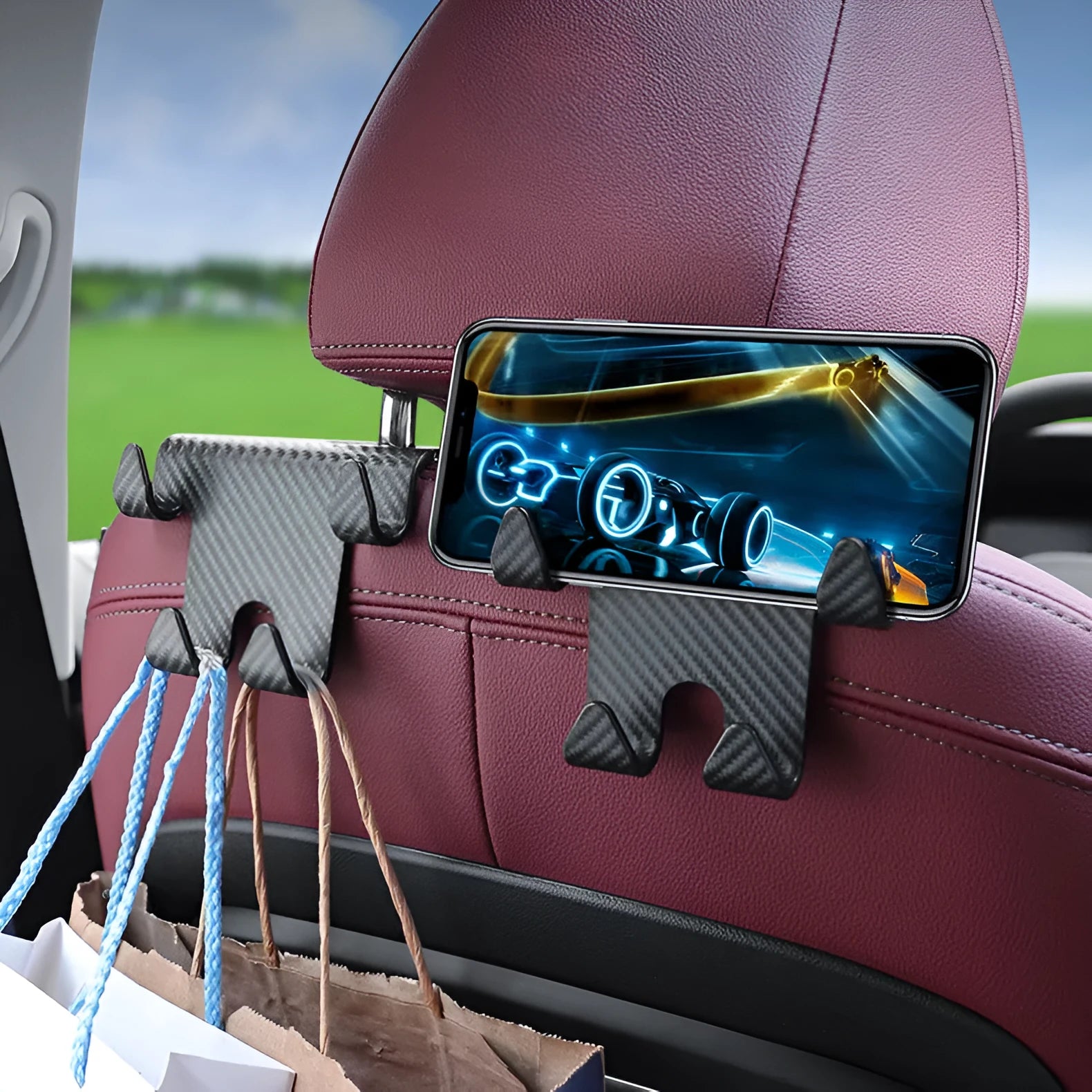 Black ABS car hook bracket with integrated mobile phone holder for rear seat organisation
