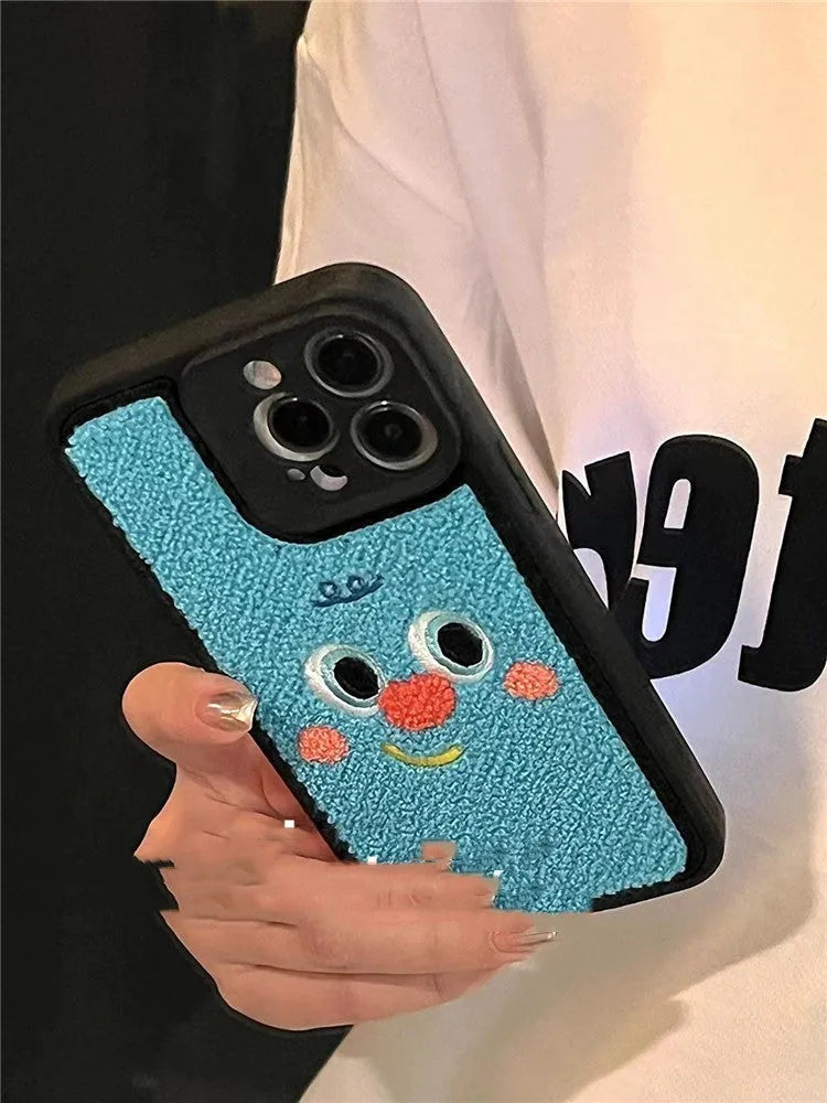 Towel embroidered couple silicone phone case in blue for iPhone 14 with fall protection