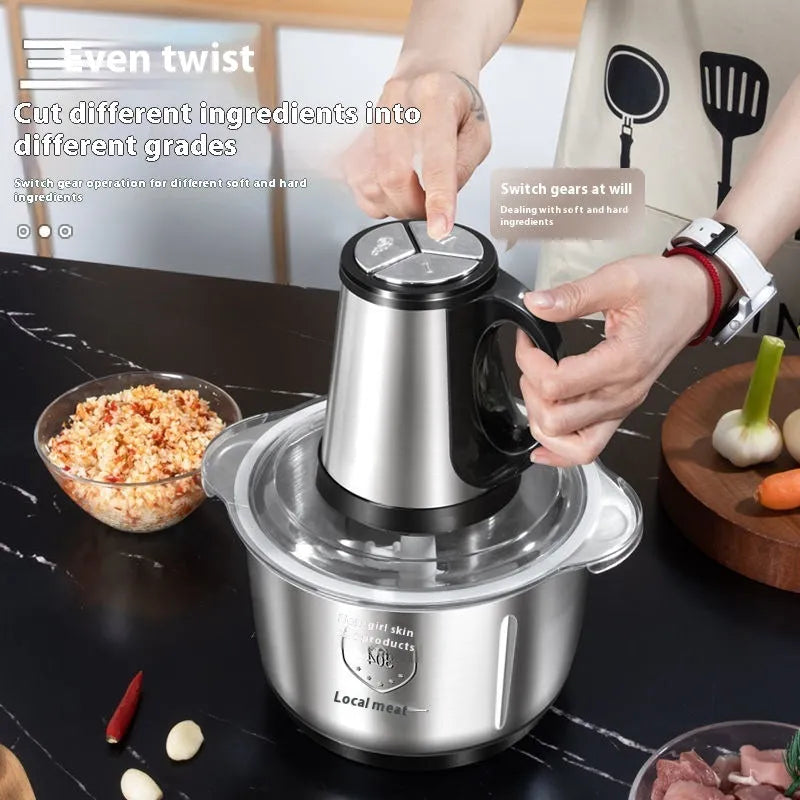 2L stainless steel semi-automatic meat grinder with adjustable speed knob on countertop