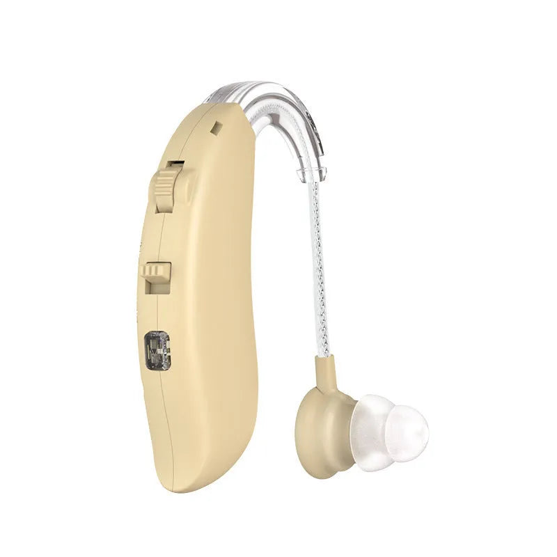 Digital Bluetooth hearing aid in skin colour with Type-C charging cable for elderly users