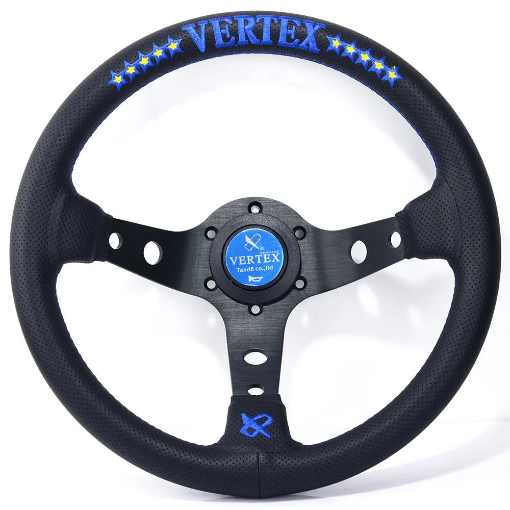 Black alloy racing steering wheel with deep concave rim and star embroidery pattern.