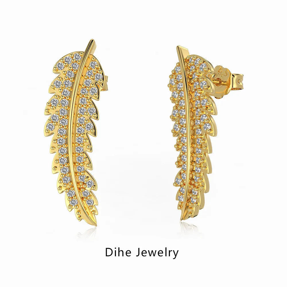 Leaf-shaped zircon inlaid S925 sterling silver stud earrings in gold colour for women