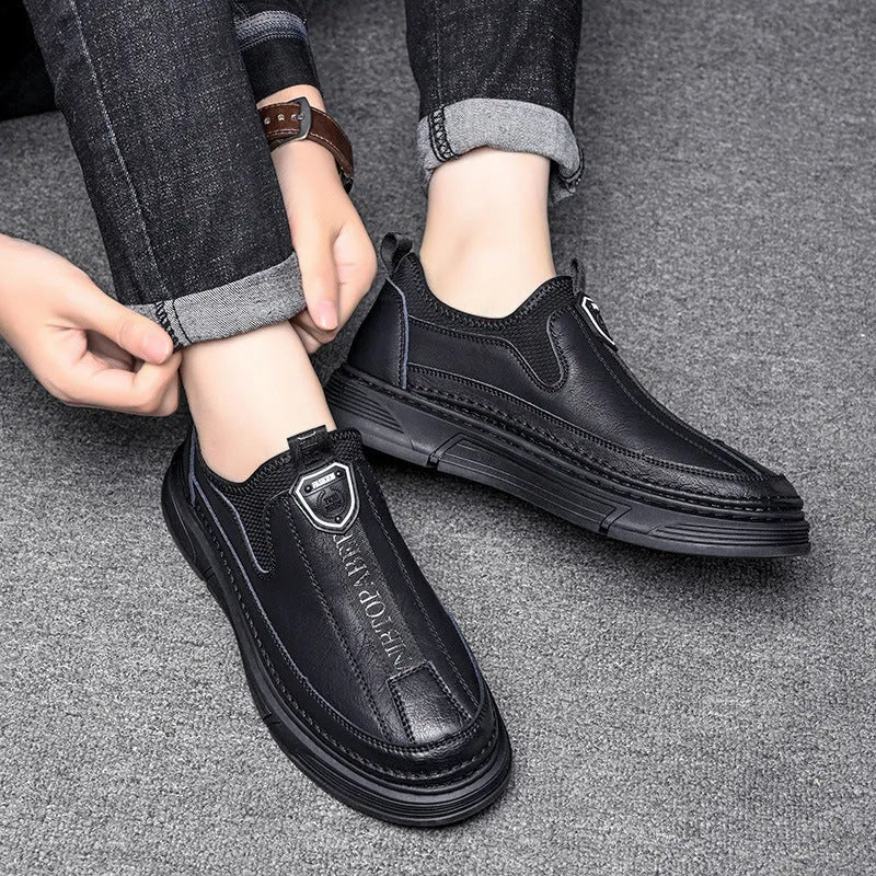 Men's solid black and brown leather casual shoes with round toe design on size chart.