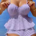 Women's solid colour polyester split bikini set in white, hollow shell hard bag detail, sleeveless top and briefs
