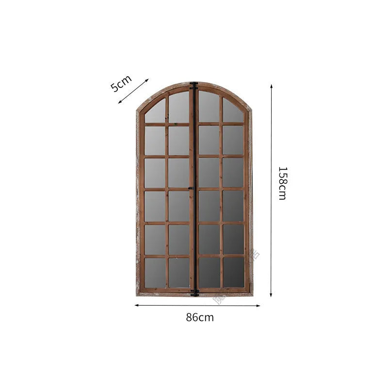 Terrace distressed fake window wall mirror with rustic log colour wooden-glass frame