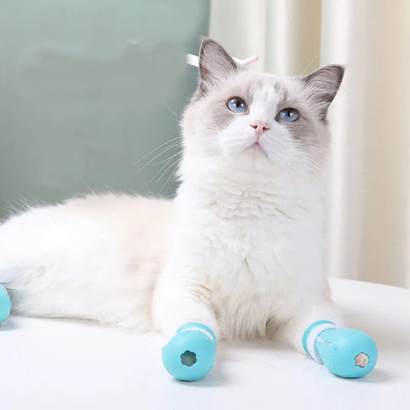 Set of four adjustable cat foot claw covers in light blue, light green, and pink, made from TPE with drainage holes and Velcro straps.