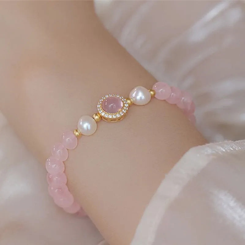 Handmade aquamarine crystal bracelet for women in pink blue and imitation pearl, round geometric shape, light luxury dopamine style