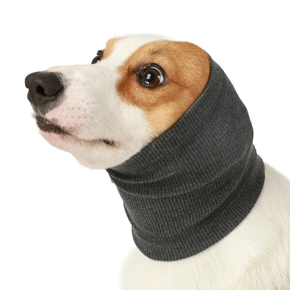 Blue and grey polyester dog comforter headband scarf shown in small, medium, and large sizes