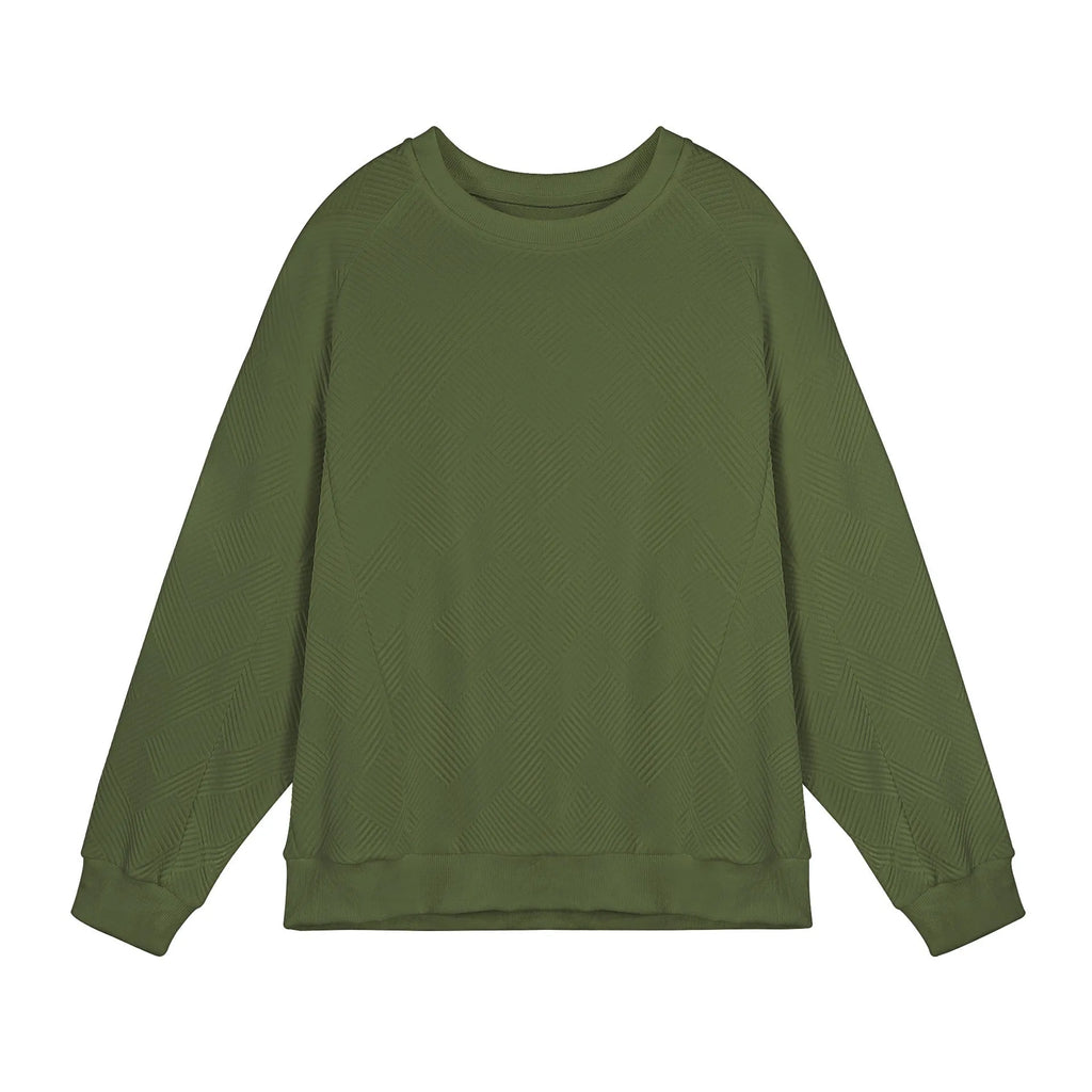 Man wearing a loose-fitting army green twill jacquard long-sleeved pullover sweater.