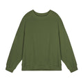 Man wearing a loose-fitting army green twill jacquard long-sleeved pullover sweater.