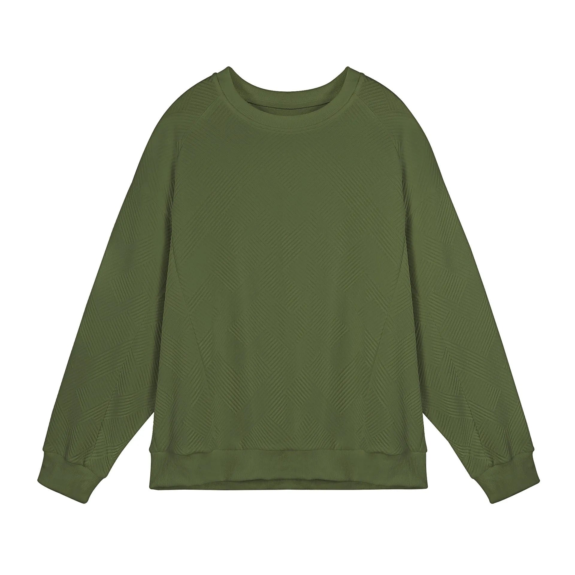 Man wearing a loose-fitting army green twill jacquard long-sleeved pullover sweater.