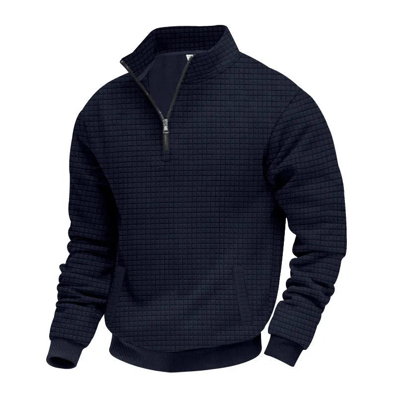 Men's stand-up collar long sleeve jacquard check sweatshirt in light gray, front view