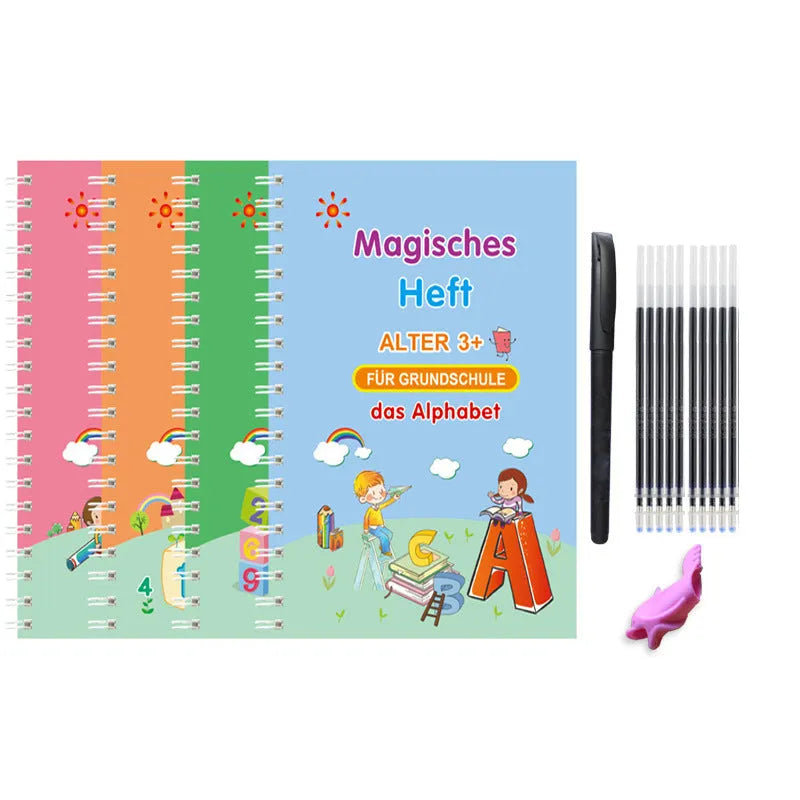 Children's Groove English Calligraphy Practice Board with Magic Stickers Copy Control Pen Training Book for Handwriting Improvement White Cardboard French German Option 4-Book Set Length 19cm