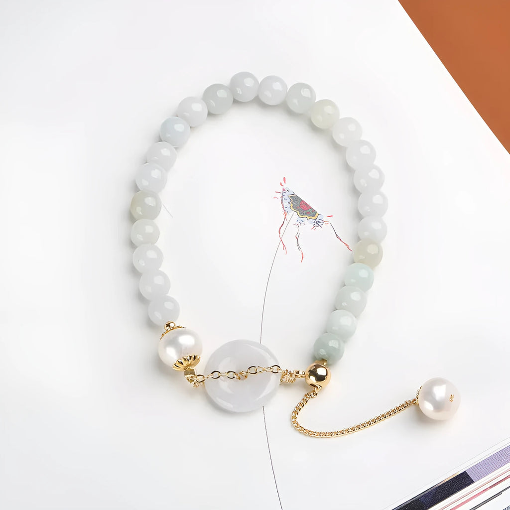 Handmade natural jade pearl bracelet with peace buckle design and geometry-shaped national style elements