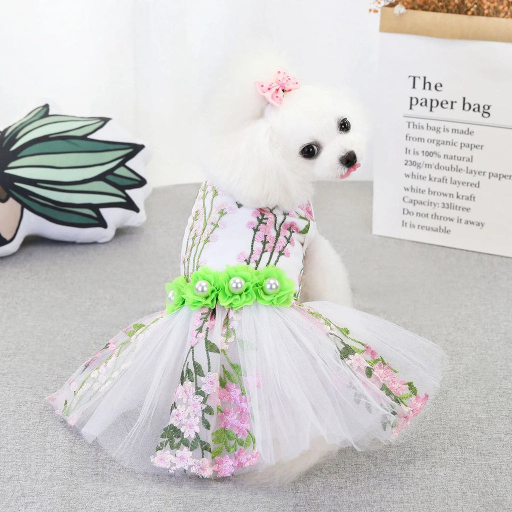 Cotton dog wedding dress in multi-leaf pink princess style on a small dog