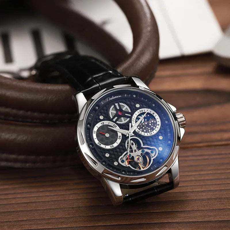 Men's automatic waterproof luminous watch with steel case and choice of leather or metal strap.