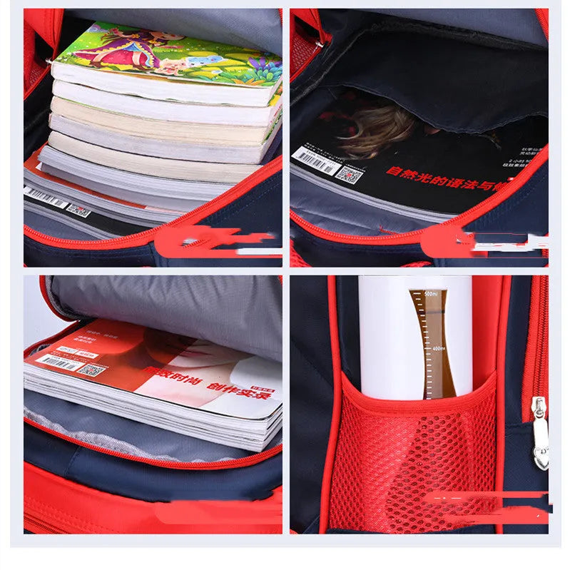 Blue anime cartoon print nylon school backpack with matching pencil case.
