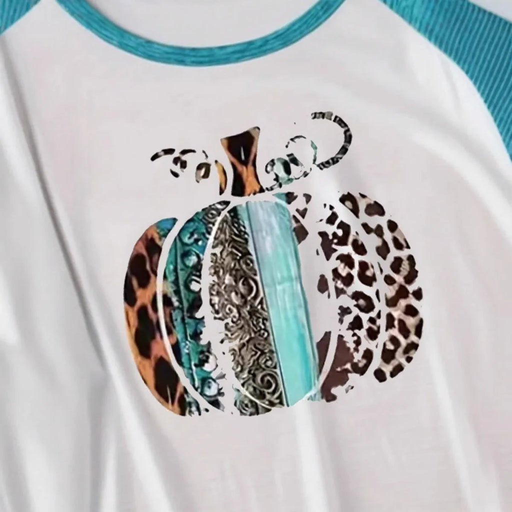 Sky blue Halloween T-shirt with 3D printed pumpkin design, long sleeves, regular fit