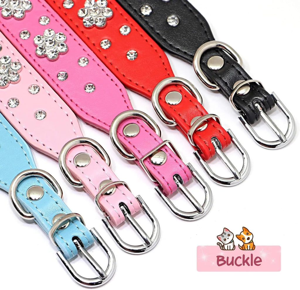 Black PU leather dog collar with studded rhinestone flower pattern and metal D-ring.