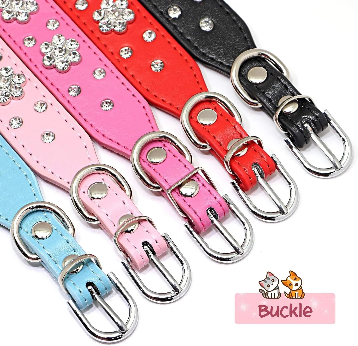 Black PU leather dog collar with studded rhinestone flower pattern and metal D-ring.