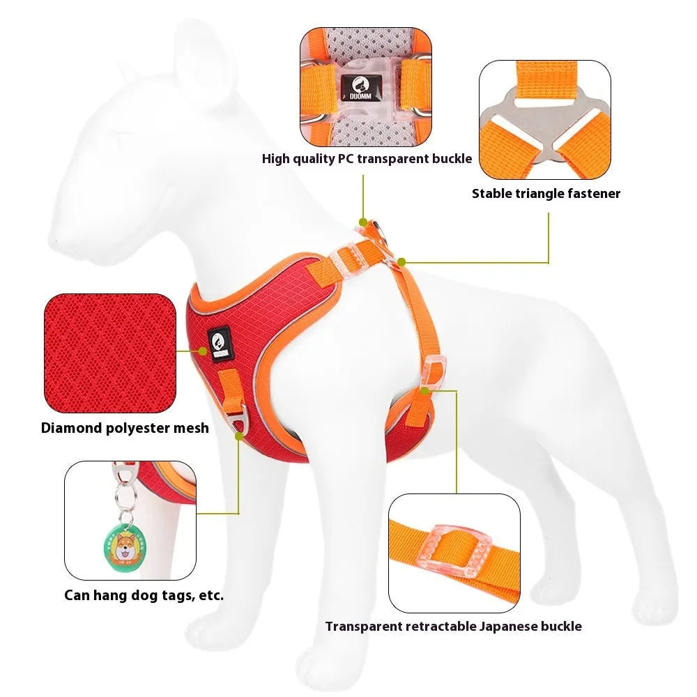 Adjustable soft mesh dog harness with reflective strips in black, shown on a small dog