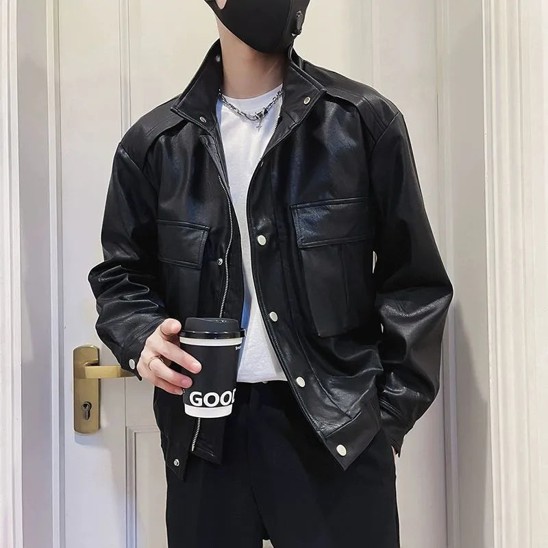 Men's black PU leather jacket with Korean style design, straight hem and side seam pockets
