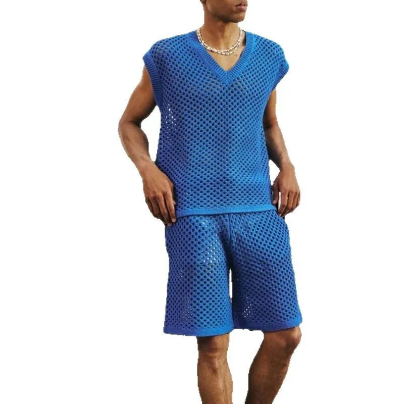Men's blue V-neck knitted vest and matching shorts sports set laid flat.