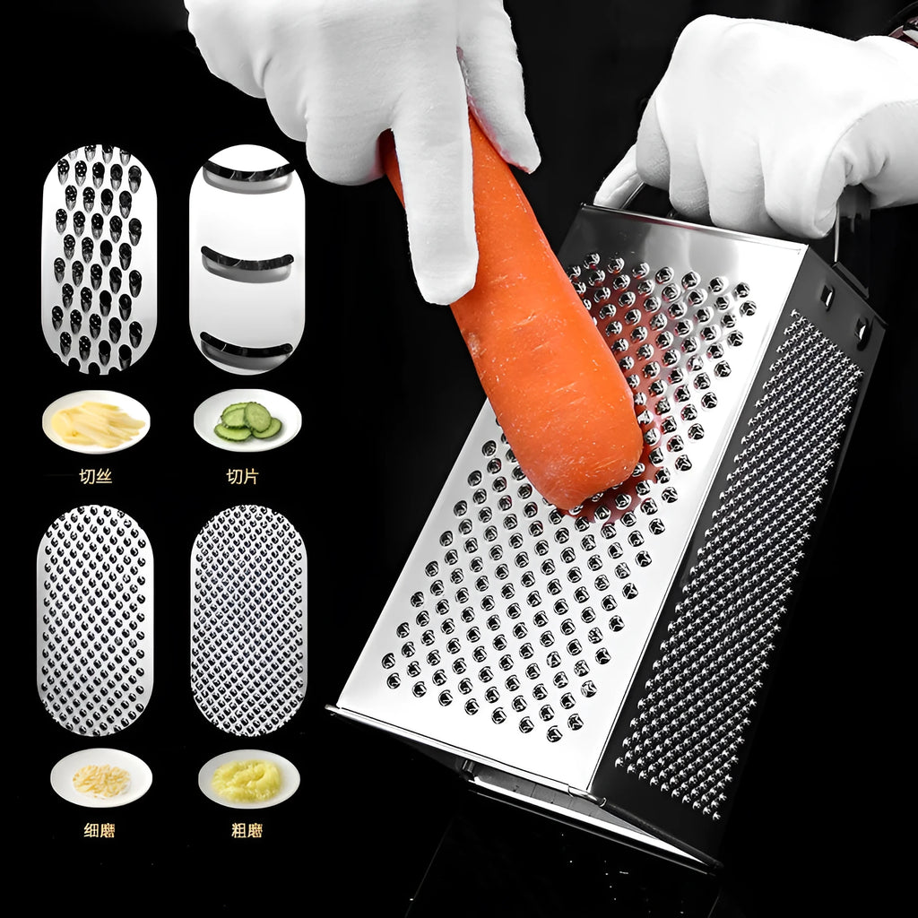 Multifunctional stainless steel vertical grater with cylindrical handle and flat handle options for kitchen use