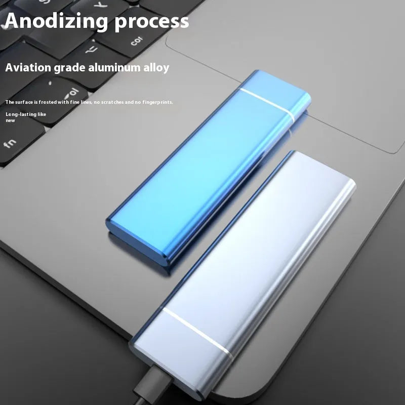 Sapphire blue portable solid state hard drive with metal casing showing compact dimensions