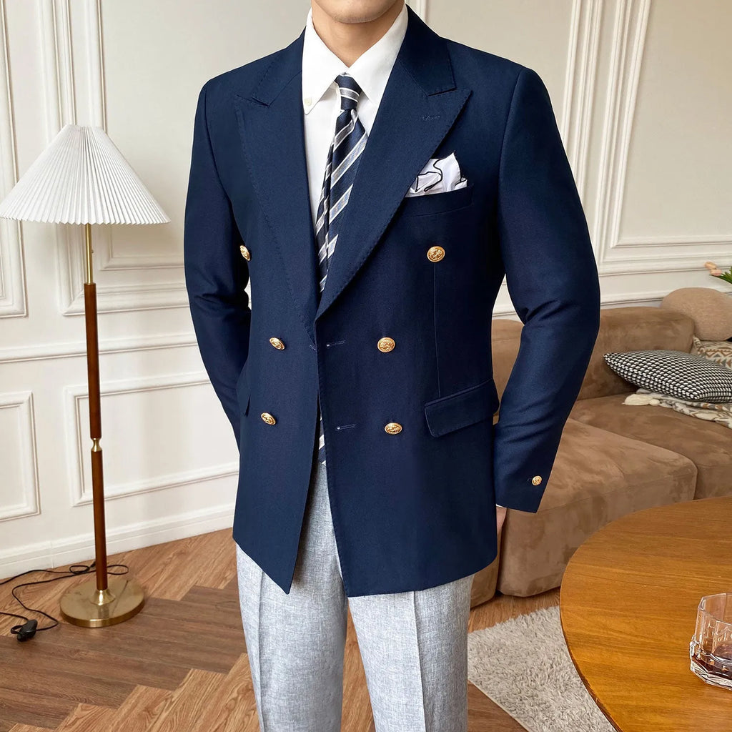 Double breasted suit jacket for men in slim fit, long sleeves, hip collar, available in Khaki, Royal Blue and Black