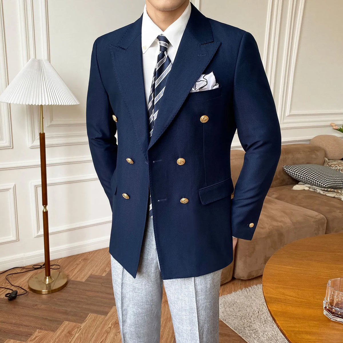 Double breasted suit jacket for men in slim fit, long sleeves, hip collar, available in Khaki, Royal Blue and Black