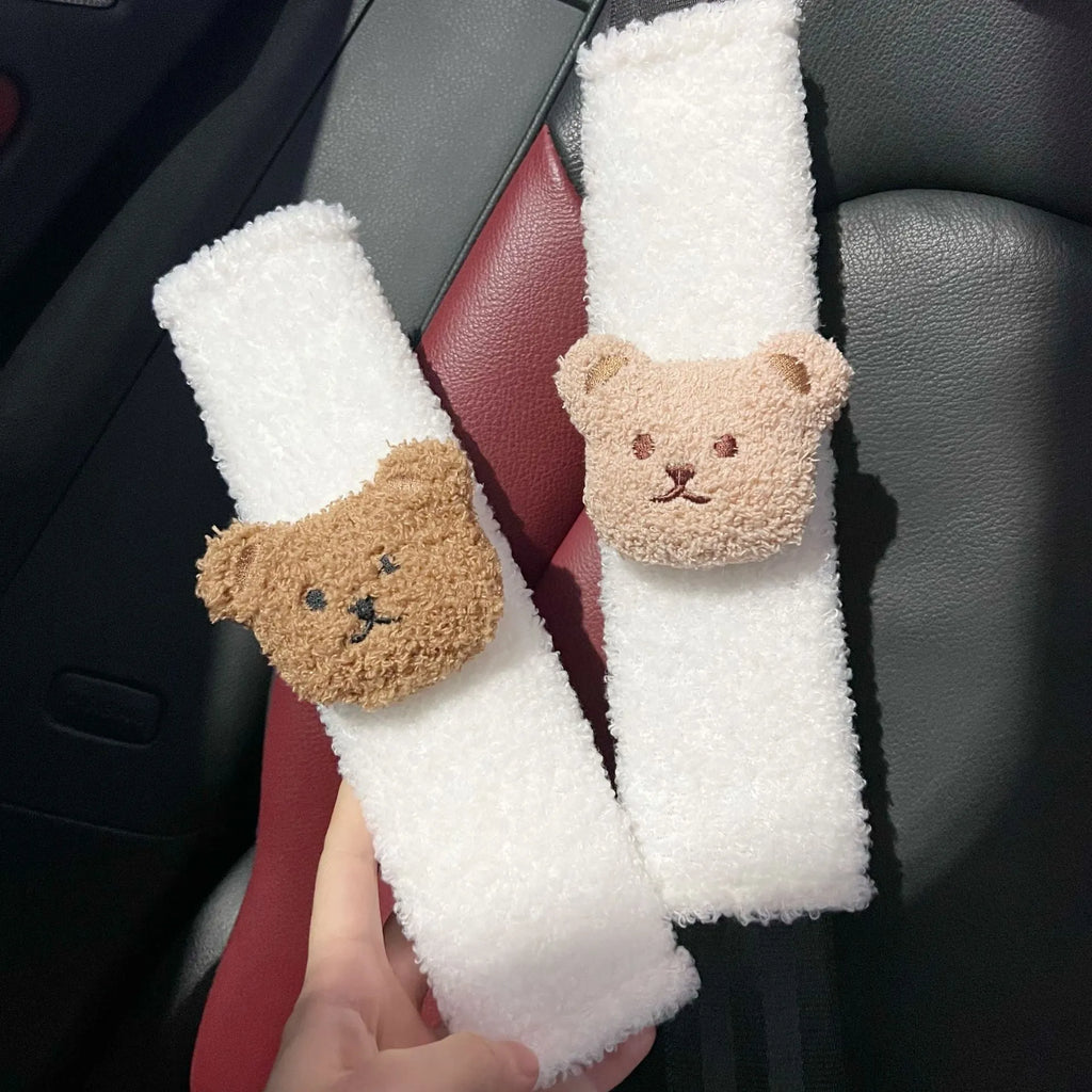 Cartoon bear plush baby car seat belt protective cover showing khaki and coffee colour options
