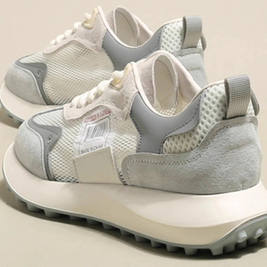 Women's grey retro low-top sneakers with round toe and flat rubber sole