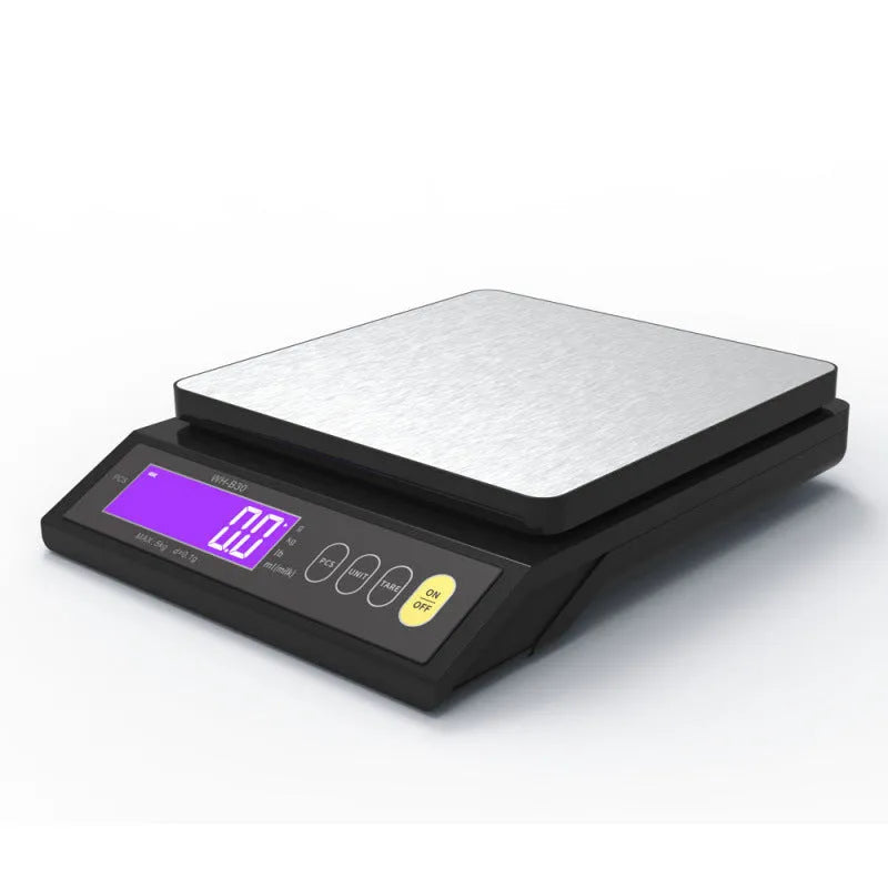 High-precision business electronic scale with rechargeable battery, 10kg 0.1g accuracy, compact 20 x 5cm design