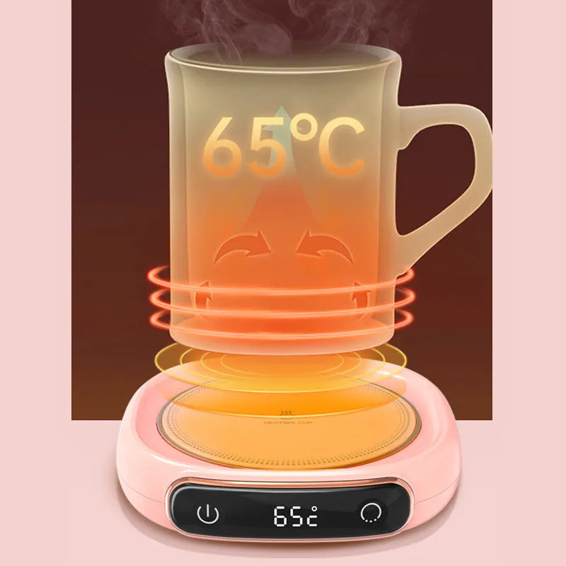 White USB-powered coffee mug warmer coaster on a wooden desk