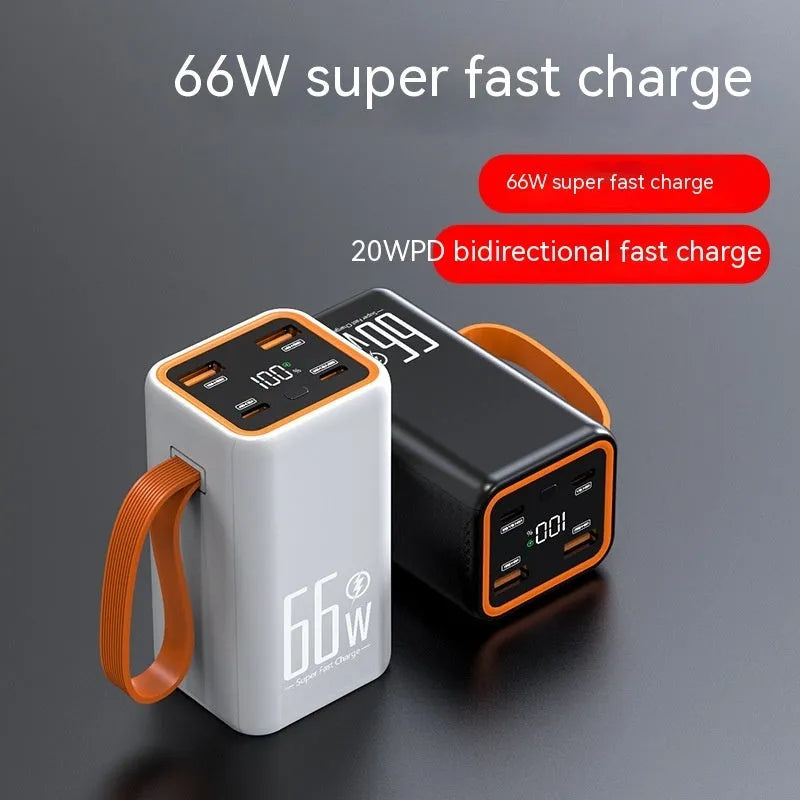 Black and white PD66W 20000mAh fast charge power bank showing front view and size.