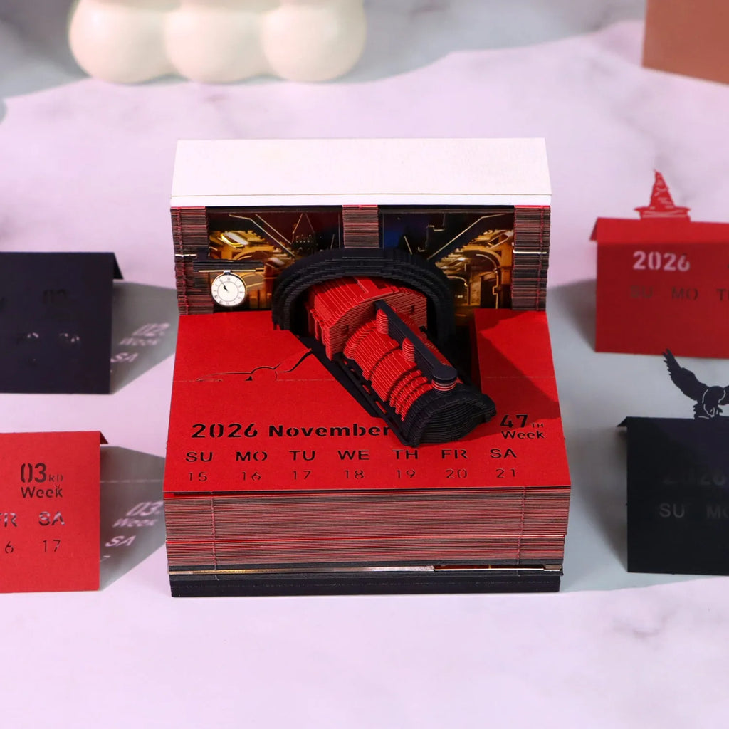 Magic Train 3D paper carving calendar ornament in cover colour Magic Train, paper brick shape, desktop display
