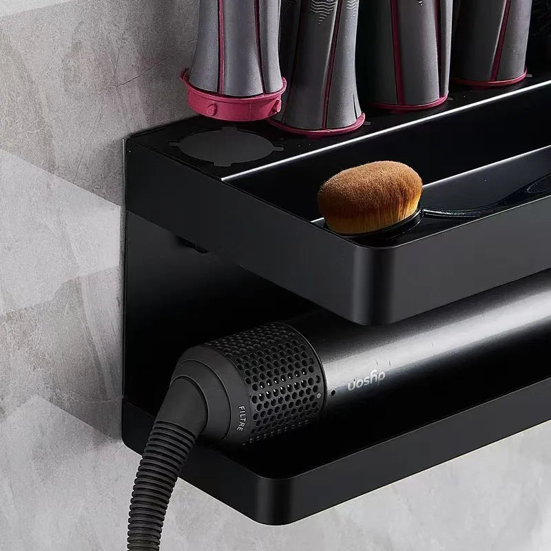 White double-layer aluminium punch-free wall rack holding Marcel Waver curling irons.