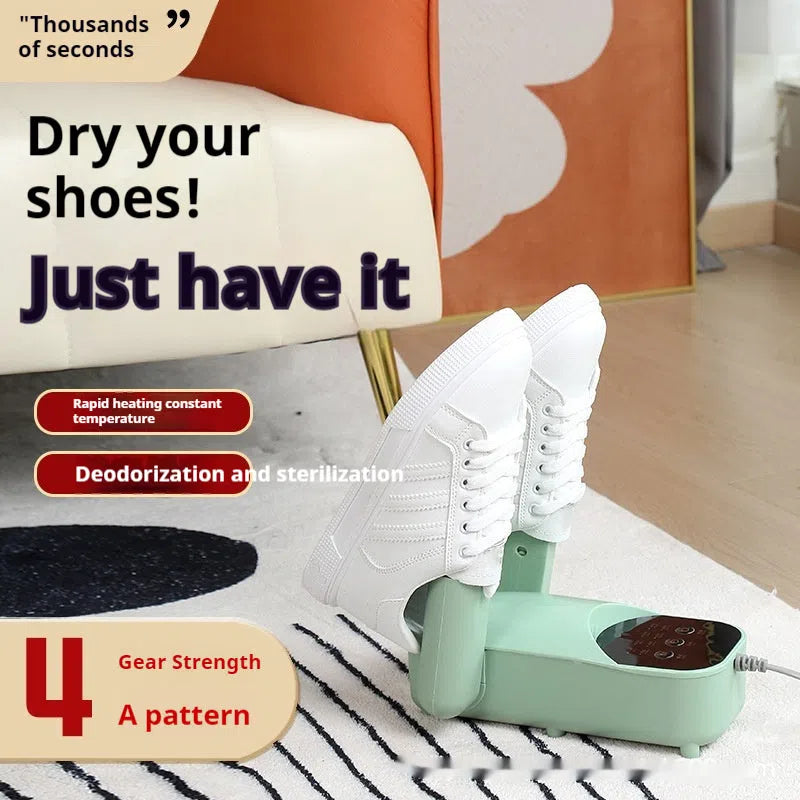 Smart shoe dryer in white and green colours with UV sterilisation feature for drying and deodorising footwear