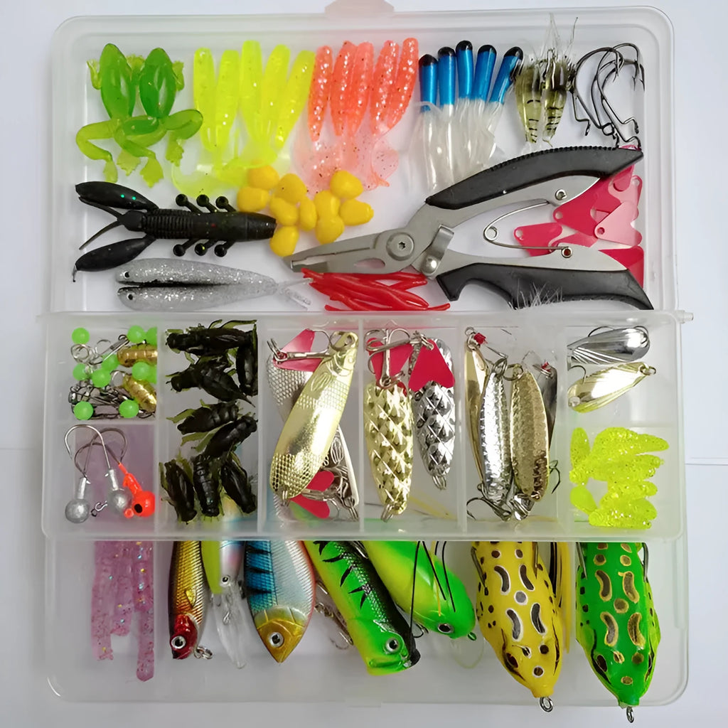142-piece fishing lure suit set showing hard minnow lures, sequins, hooks, and metal fishing pliers on a blue background.