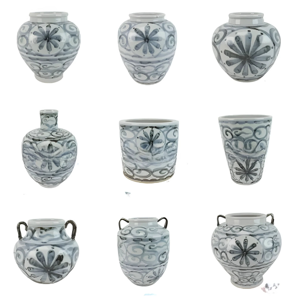 Hand-painted sunflower blue and white ceramic vase on a wooden table