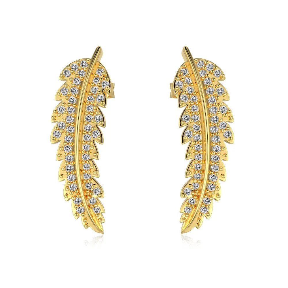Leaf-shaped zircon inlaid S925 sterling silver stud earrings in gold colour for women
